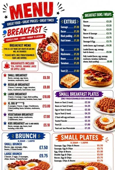Breakfast menu at Rick's Rebrewed Cafe Grimsby