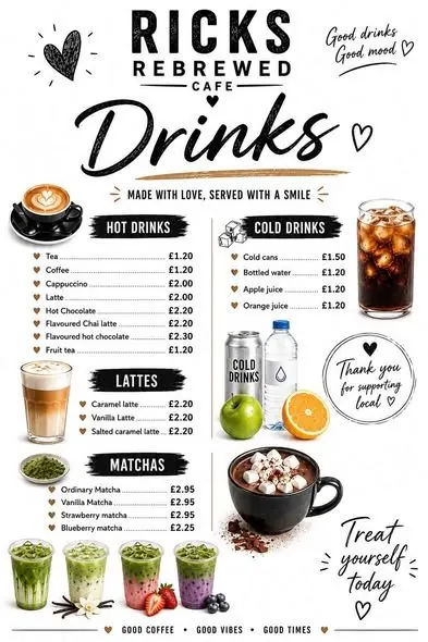 Drinks menu at Rick's Rebrewed Cafe Grimsby
