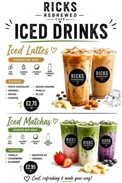 Iced drinks menu at Rick's Rebrewed Cafe Grimsby