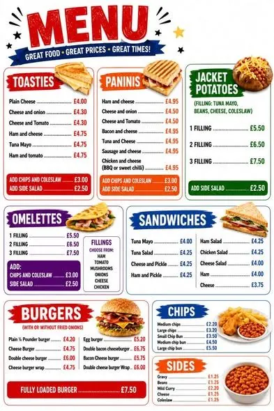Lunch menu at Rick's Rebrewed Cafe Grimsby